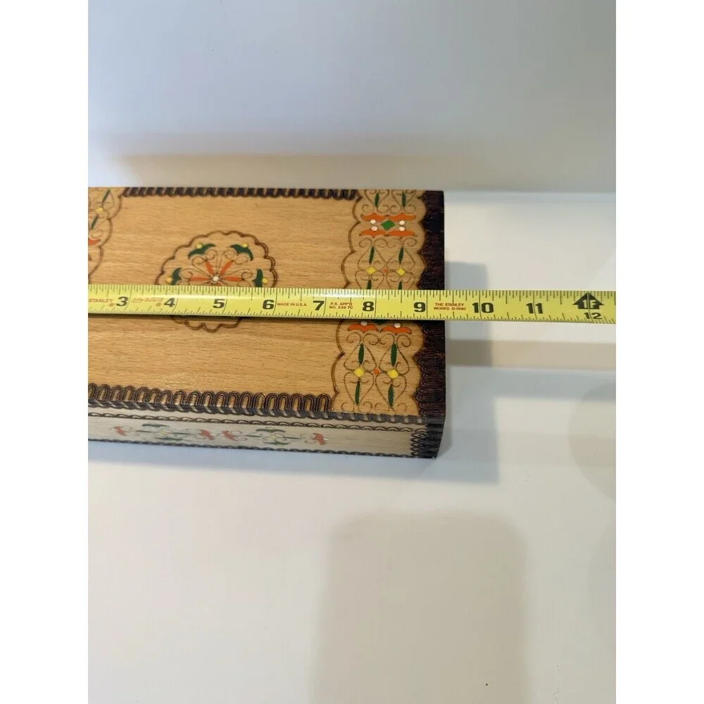 Vtg Painted Pyrography Hinged Wooden Jewelry Trinket Box Folk Art 9.5